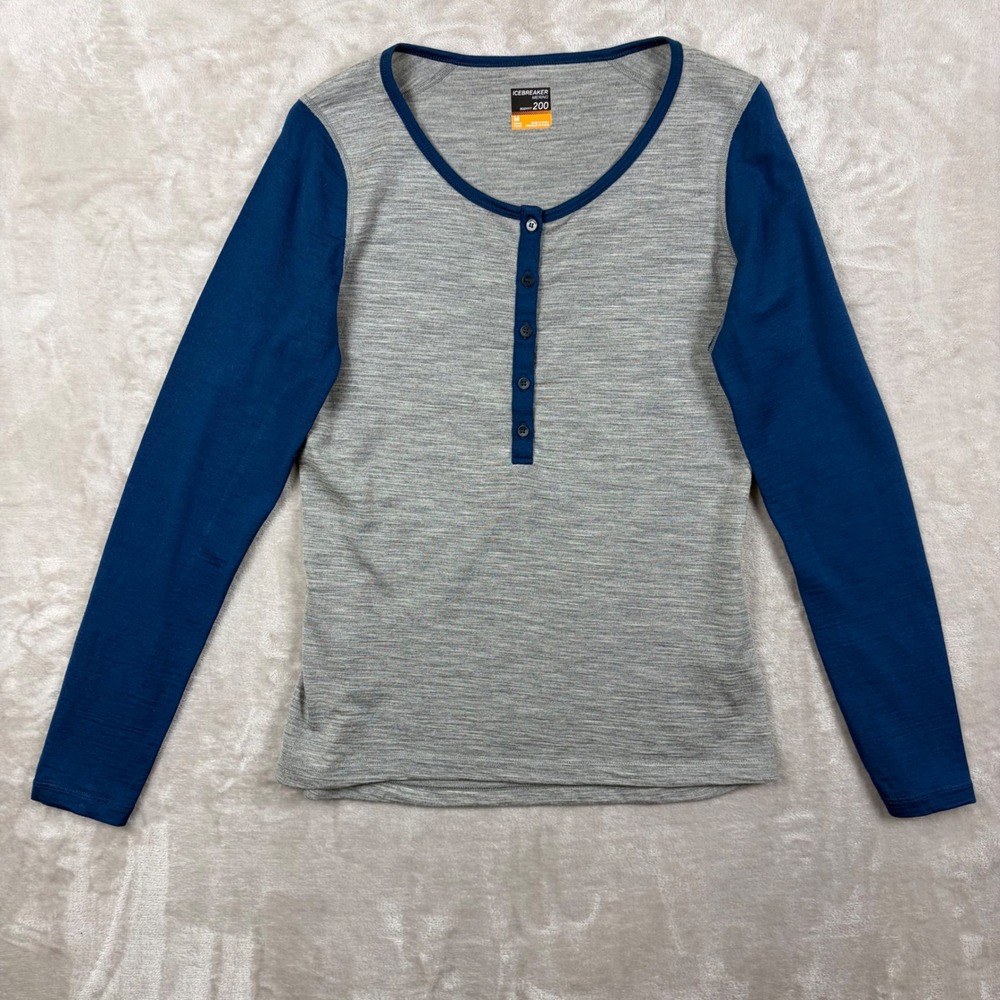 Icebreaker Merino 200 Bodyfit Henley Top Grey Blue Long Sleeve Women M Hiking